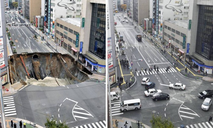 Em apenas uma semana, cratera em cidade japonesa é consertada